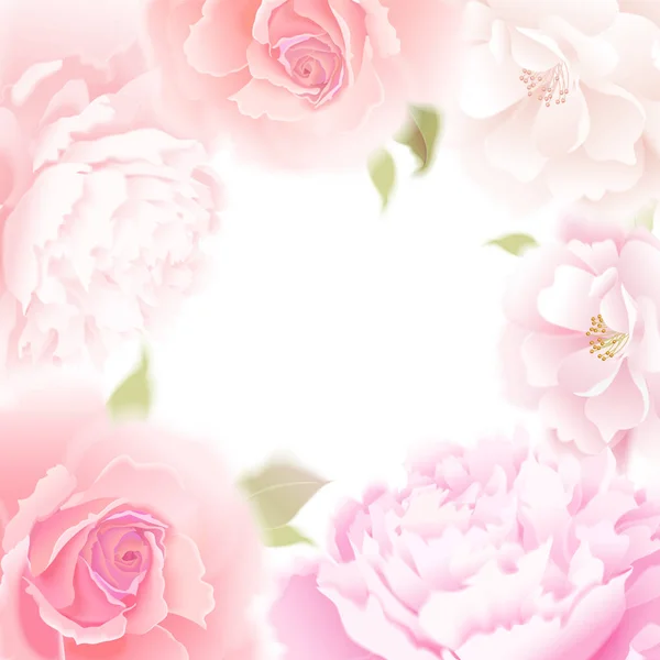 Троянди Півонії Векторна Картка Садова Квітка Рука Малює Пастель Реалістична — стоковий вектор
