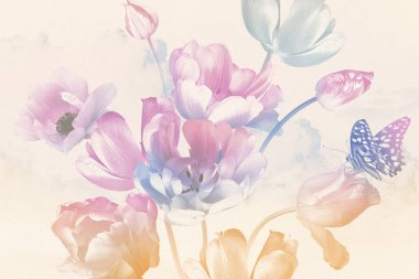 Bahar bahçesi çiçekleri laleler ve kelebekler. Çiçek süsleme. Doğa geçmişi. Yağlı boya resim stili. Pastel renk. Afişler, kartlar, posterler, düğün davetiyeleri için desen.