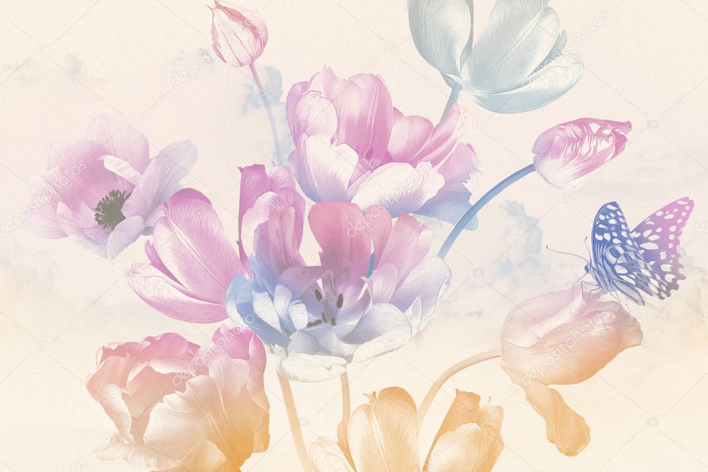 Bouquet of spring garden flowers tulips and butterfly. Floral decoration. Nature background. Illustration oil painting style. Pastel color. Pattern for banners, cards, posters, wedding invitations.