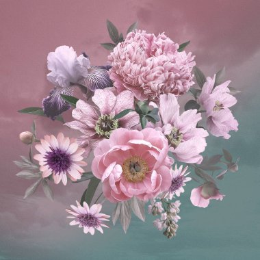 Güzel çiçek şakayıkları ve zambaklar. Çiçek şablonu.