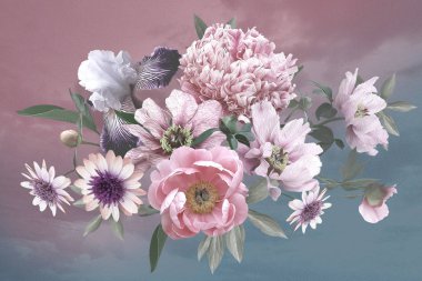 Güzel çiçek şakayıkları ve zambaklar. Çiçek şablonu.