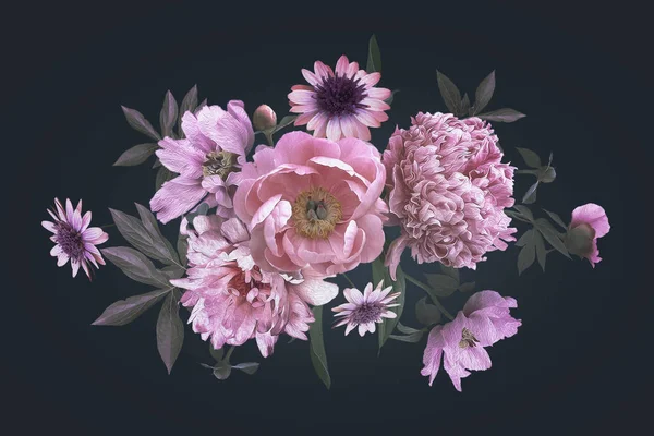 Cartão de saudação vintage com flores peônias . — Fotografia de Stock