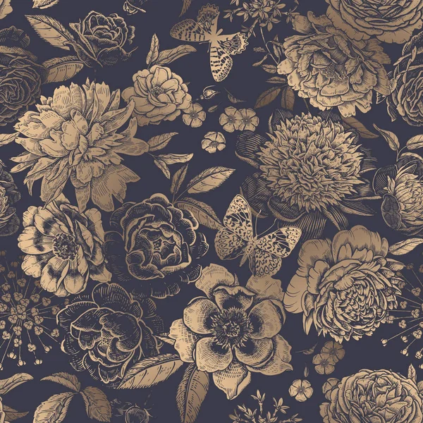 Vintage motif floral sans couture. Pivoines, roses et papillons . — Image vectorielle