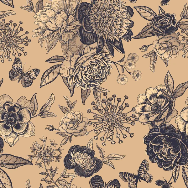 Patrón floral vintage sin costuras. Peonías, rosas y mariposas . — Archivo Imágenes Vectoriales