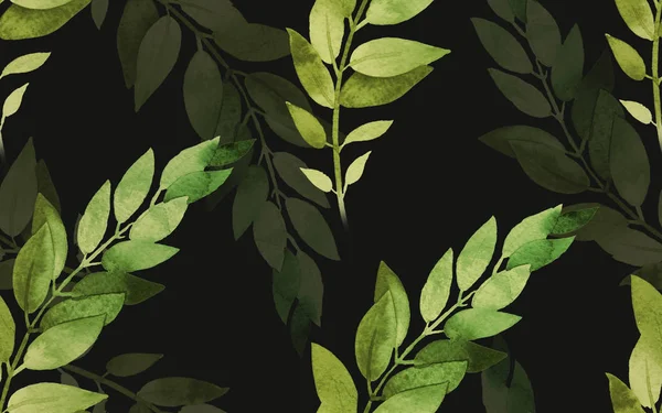 Watercolor seamless pattern. Green spring leaves on black backgr — Stock Photo, Image