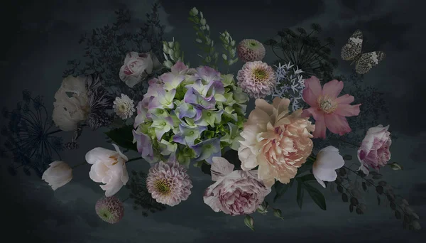 Bouquet pivoines, fleurs de jardin, herbes décoratives sur fond noir — Photo