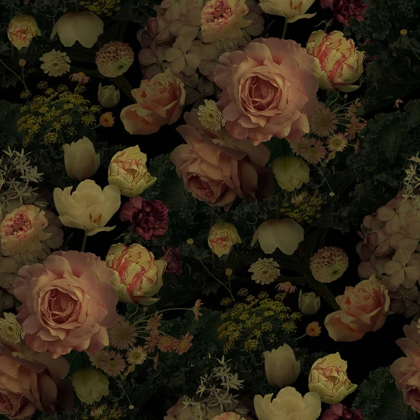 Lindas rosas floridas e flores de jardim. Costura vintage floral — Fotografia de Stock
