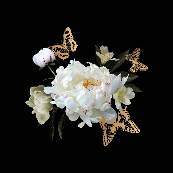 Peonia bianca e farfalle dorate. Decorazione . — Foto Stock