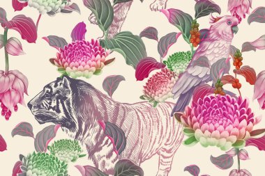 Ağaç ve kaplan dallarında papağanlar. Kusursuz çiçek deseni.