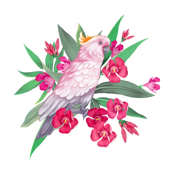 Εξωτική floral διακόσμηση. Ροζ παπαγάλος στα κλαδιά του μπλο — Φωτογραφία Αρχείου