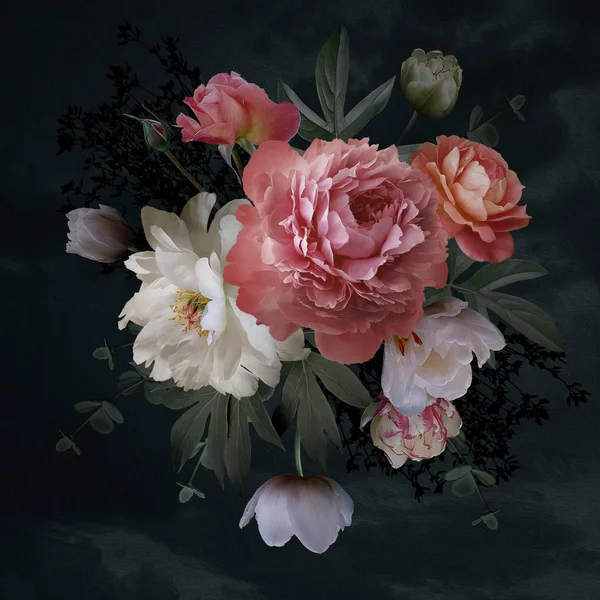 Bouquet baroque. Belles fleurs et feuilles de jardin sur ba noir — Photo