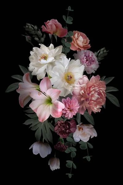 Bouquet barocco. Bellissimi fiori da giardino e foglie su ba nera — Foto Stock
