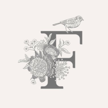 F harfi, lüks şakayıklar, dekoratif bitkiler, sevimli çiçekler ve izole edilmiş bir kuş. Vektör dekorasyonu. Siyah ve beyaz. Klasik illüstrasyon. Selamlama için çiçek deseni, düğün davetiyeleri, metin tasarımı