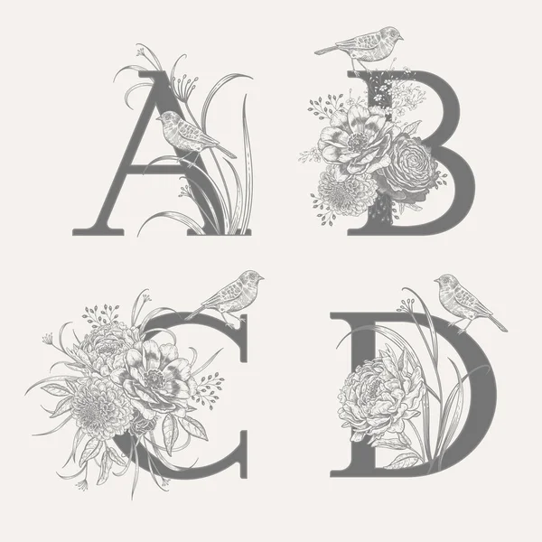 Ensemble Décorations Avec Lettres Herbes Décoratives Pivoines Fleurs Oiseaux — Image vectorielle