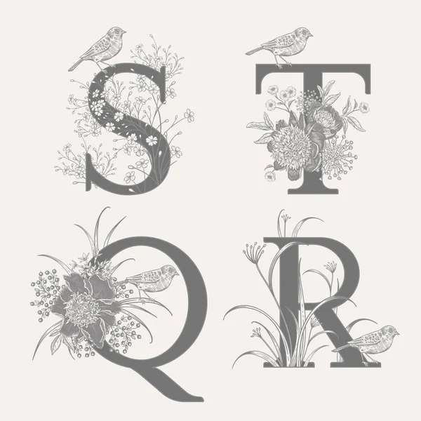 一套装饰用字母S 装饰草药 牡丹花和鸟类 — 图库矢量图片
