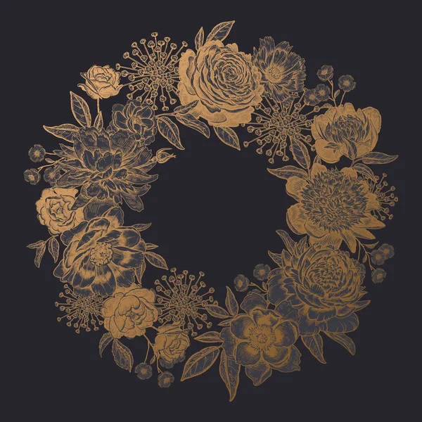 Une Couronne Florale Cadre Belles Pivoines Roses Autres Fleurs Jardin — Image vectorielle