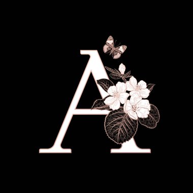 A harfi, çiçek açan sakura dalları ve izole kelebek. Vektör dekorasyonu. Siyah, beyaz ve altın. Klasik illüstrasyon. Selamlama için çiçek deseni, düğün davetiyeleri, metin tasarımı