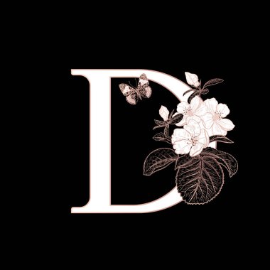 D harfi, çiçek açan sakura dalları ve izole edilmiş kelebek. Vektör dekorasyonu. Siyah, beyaz ve altın. Klasik illüstrasyon. Selamlama için çiçek deseni, düğün davetiyeleri, metin tasarımı.
