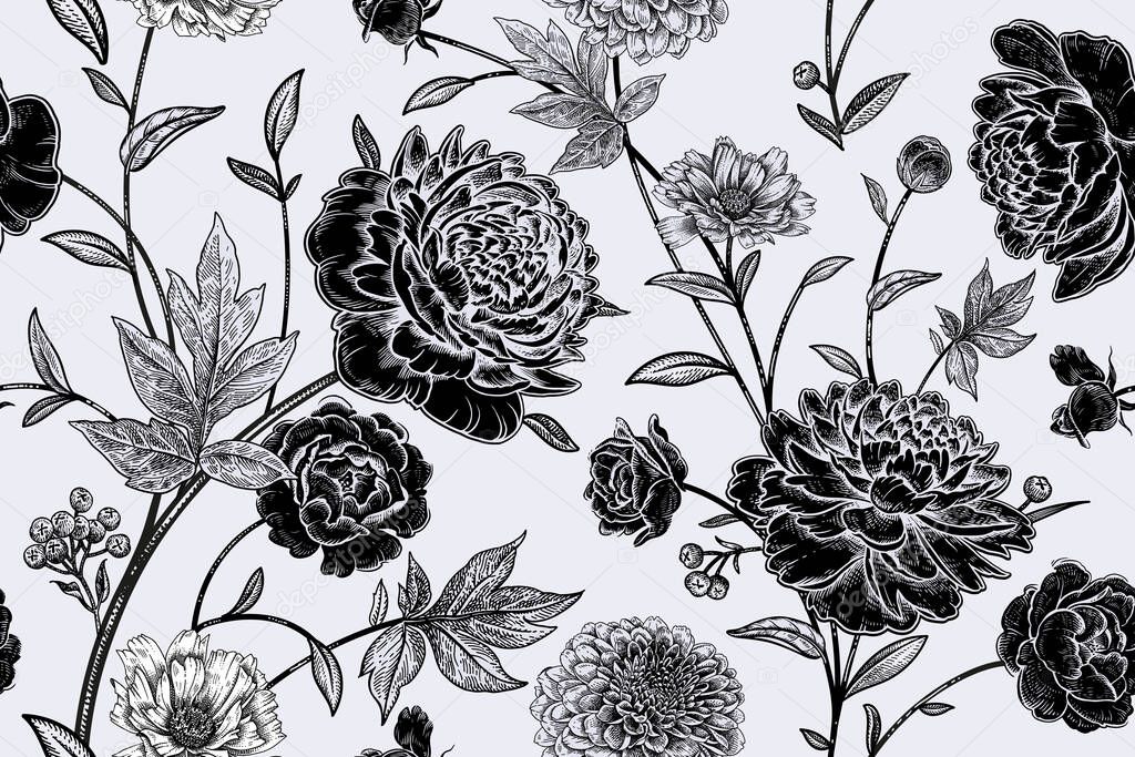 Floral seamless pattern. Garden flowers peonies, branches, leaves. Black and white vector illustration. Hand realistic drawing. Vintage. Decorative background for paper, wallpaper, summer textile