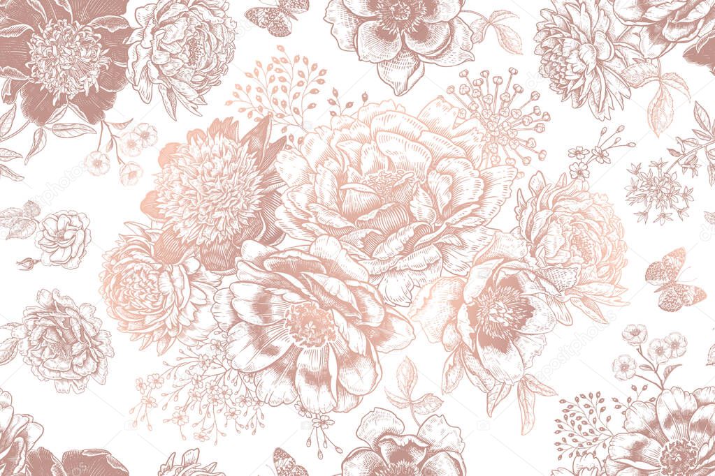 Floral seamless pattern. Garden flowers peonies and leaves. White and print gold foil. Vector illustration. Hand realistic drawing. Vintage. Background to create paper, wallpaper, summer textile.
