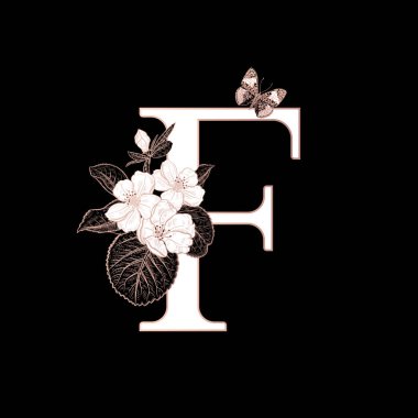 F harfi, çiçek açan sakura dalları ve izole edilmiş kelebek. Vektör dekorasyonu. Siyah, beyaz ve altın. Klasik illüstrasyon. Selamlama için çiçek deseni, düğün davetiyeleri, metin tasarımı.