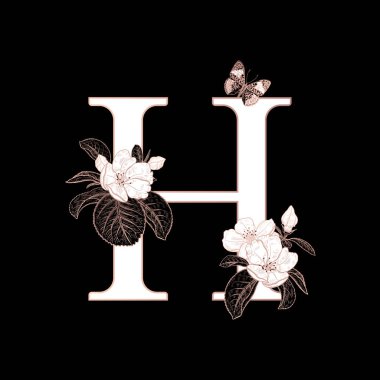 H harfi, çiçek açan sakura dalları ve izole edilmiş kelebek. Vektör dekorasyonu. Siyah, beyaz ve altın. Klasik illüstrasyon. Selamlama için çiçek deseni, düğün davetiyeleri, metin tasarımı.