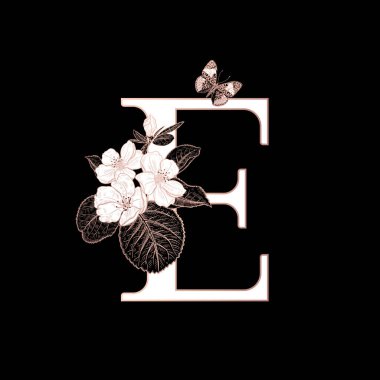E harfi, çiçek açan sakura dalları ve izole edilmiş kelebek. Vektör dekorasyonu. Siyah, beyaz ve altın. Klasik illüstrasyon. Selamlama için çiçek deseni, düğün davetiyeleri, metin tasarımı