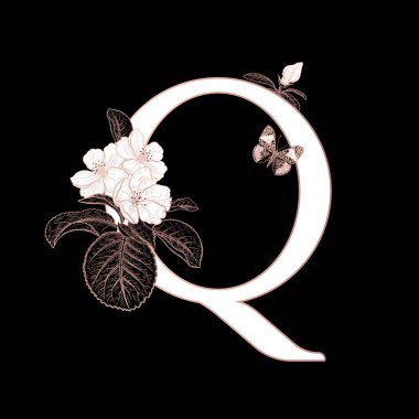 Q harfi, sakura dalları açan çiçekler ve izole edilmiş kelebekler. Vektör dekorasyonu. Siyah, beyaz ve altın. Klasik illüstrasyon. Selamlama için çiçek deseni, düğün davetiyeleri, metin tasarımı.