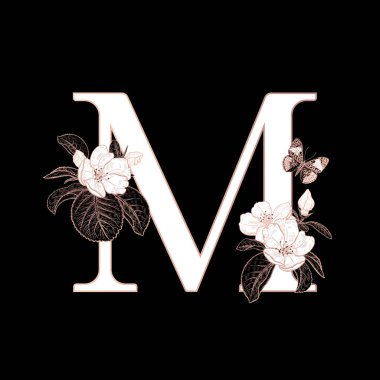 M harfi, çiçek açan sakura dalları ve izole kelebek. Vektör dekorasyonu. Siyah, beyaz ve altın. Klasik illüstrasyon. Selamlama için çiçek deseni, düğün davetiyeleri, metin tasarımı.