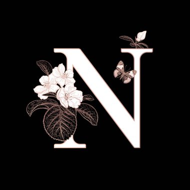N harfi, sakura dalları açan çiçekler ve izole edilmiş kelebekler. Vektör dekorasyonu. Siyah, beyaz ve altın. Klasik illüstrasyon. Selamlama için çiçek deseni, düğün davetiyeleri, metin tasarımı.