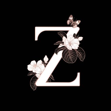 Z harfi, sakura dalları açan çiçekler ve izole edilmiş kelebekler. Vektör dekorasyonu. Siyah, beyaz ve altın. Klasik illüstrasyon. Selamlama için çiçek deseni, düğün davetiyeleri, metin tasarımı.