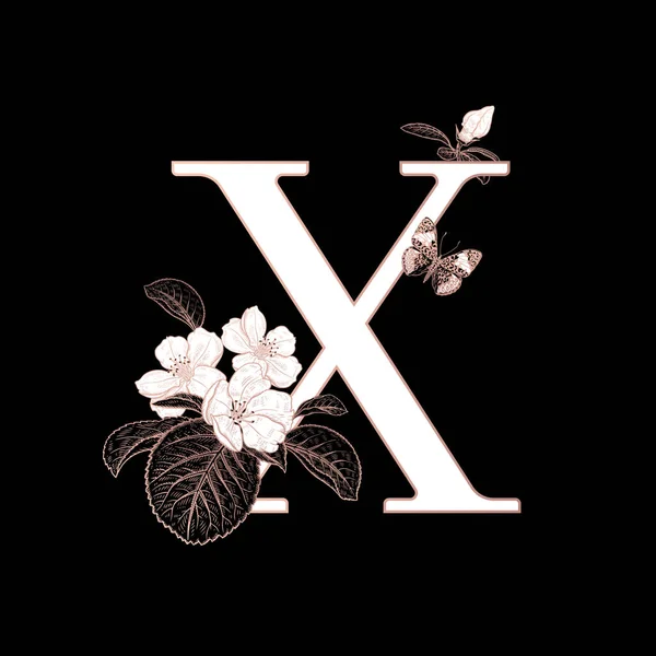 Písmeno Květiny Kvetoucí Sakura Větve Motýl Izolovaný Vektorová Dekorace Černá — Stockový vektor