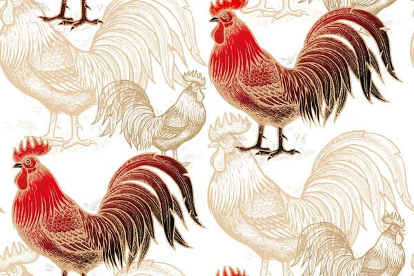 白色背景上的公鸡的矢量无缝图案 礼物包和衣服的说明 黑色和红色 中国新年2017 — 图库矢量图片