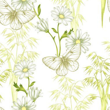 Kelebekler ve otlarla kusursuz çizimler. Vektör. Arkaplan kağıdı, tekstil, ambalaj.