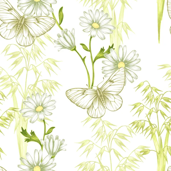 Ilustración Perfecta Con Mariposas Hierbas Vector Papel Fondo Textiles Embalaje — Archivo Imágenes Vectoriales