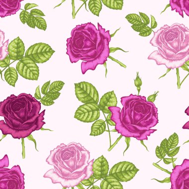 Çiçeksiz desen. Çiçekler güller, şakayıklar. Tasarım kağıdı, duvar kağıdı, kartlar, davetiyeler, ambalajlar, tekstil, iç dekorasyon, döşeme kumaşları. Vektör. Viktorya Dönemi.