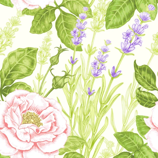 Fondo Sin Costura Vectorial Flores Rosas Lavanda Diseño Para Telas — Vector de stock