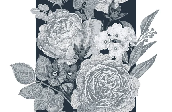 Vintage Patrón Sin Costura Vector Ilustración Blanco Negro Con Rosas — Archivo Imágenes Vectoriales