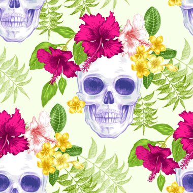 Kusursuz bir arka plan. Egzotik çiçekler. Hibiscus, palmiye yaprakları, kafatasları. Kumaş, tekstil, kağıt, duvar kağıdı, ağ tasarımları. Geçmişe dönüş. Eski tarz. Çiçek süsü..