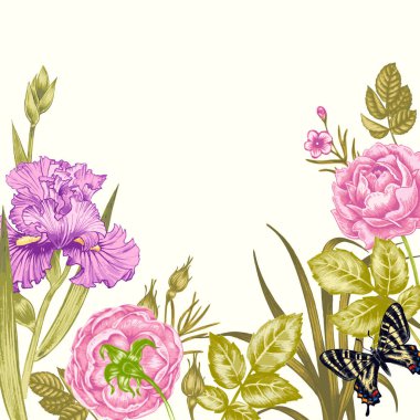 Çiçek kartı. Güller, süsenler, kelebekler. Düğün davetiyesi. Vektör. Geçmişe dönüş. Viktorya tarzı.