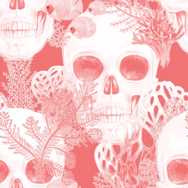 Ilustración Del Fondo Marino Con Cráneo Peces Exóticos Corales Vector — Vector de stock