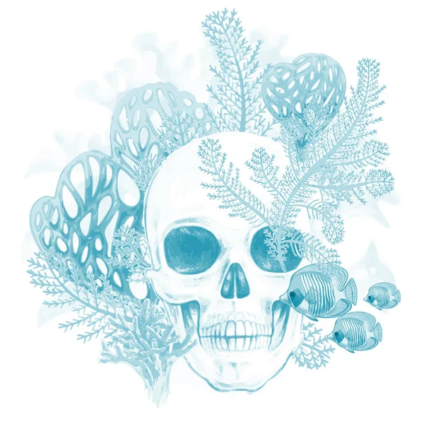 Illustration Seabed Exotic Fish Corals Skull Vector Composition Isolated White — Stock Vector