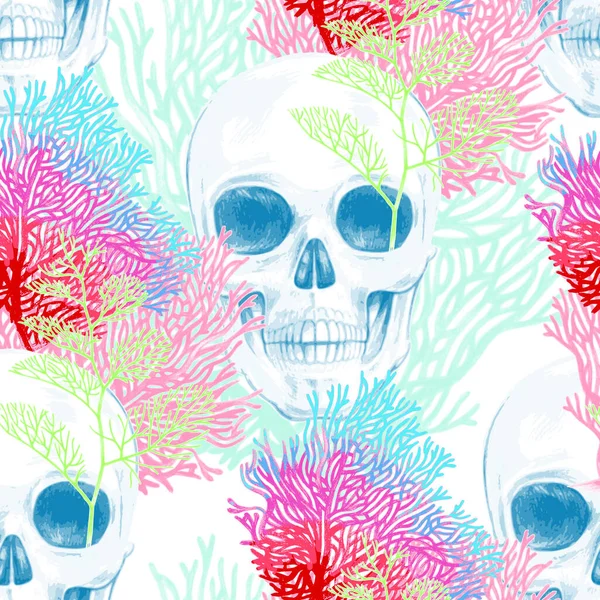 Illustration Seabed Skull Corals Vector Background Textile Fabric Paper Wallpaper — Stock Vector