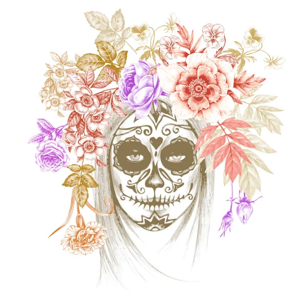 Ilustración Sobre Fondo Blanco Día Los Muertos Vintage Chica Flores — Vector de stock