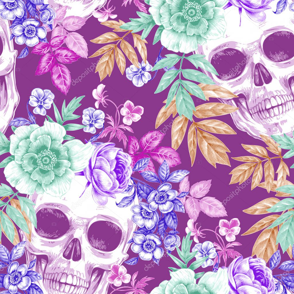 Vector seamless background. Wreaths of garden flowers and skulls. Roses, peonies. Design for fabrics, textiles, paper, wallpaper, web. Retro. Vintage style. Floral ornament.