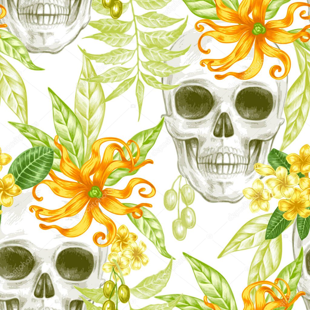Vector seamless background. Exotic flowers. Ylang,  palm leaves, skulls. Design for fabrics, textiles, paper, wallpaper, web. Retro. Vintage style. Floral ornament.