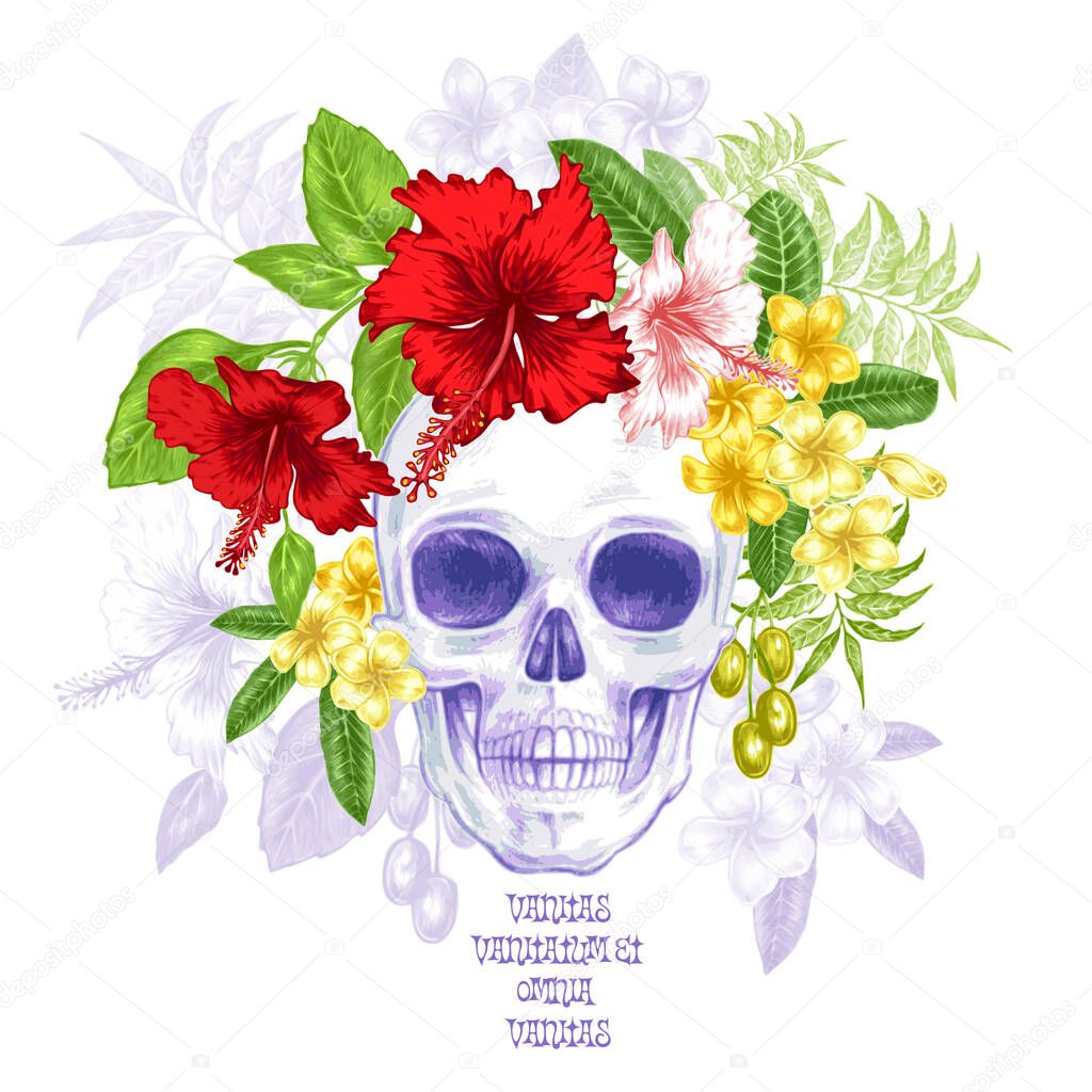 Illustration of the skull and exotic tropical flowers on a white background. Hibiscus. Vector.