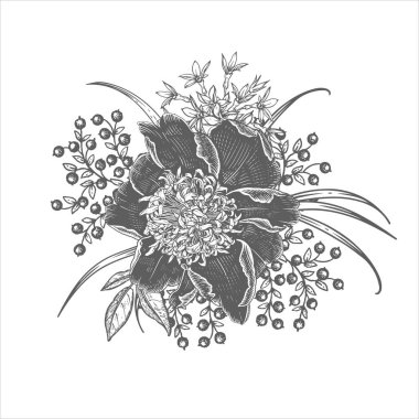 Bir buket güzel bahçe çiçeği. Şakayıklar, güller, yapraklar, otlar ve dekoratif bitkiler. Eski model. Vektör çizimi. Siyah ve beyaz. Moda tasarımı için lüks dekor, reklamcılık, düğün teması.