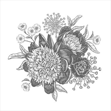 Bir buket güzel bahçe çiçeği. Şakayıklar, güller, yapraklar, otlar ve dekoratif bitkiler. Eski model. Vektör çizimi. Siyah ve beyaz. Moda tasarımı için lüks dekor, reklamcılık, düğün teması.