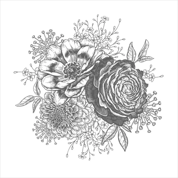 Bouquet Belles Fleurs Jardin Pivoines Roses Feuilles Herbes Plantes Décoratives — Image vectorielle
